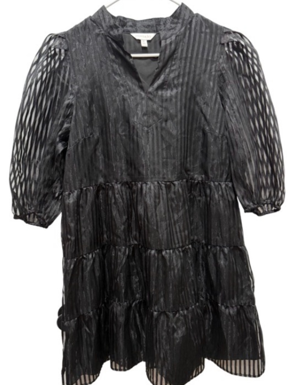 crown & ivy Black Tiered V-Neck Dress with Sheer Patterned Sleeves